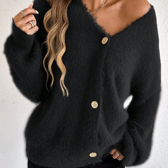 Black Casual Women's Long Sleeve V-Neck Cardigan - Picture 3 of 7